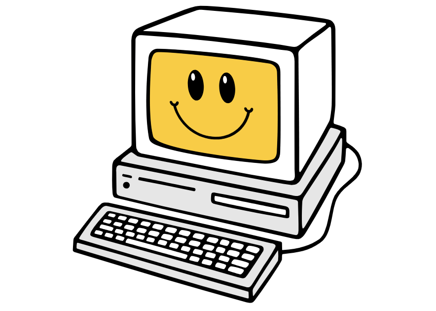 Computer with smiley face on the monitor